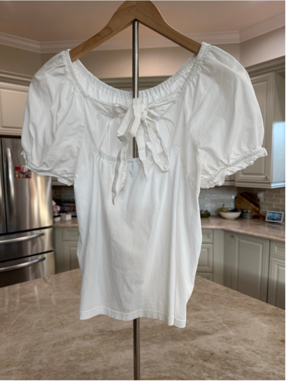 J.CREW White Puff Sleeve Blouse M, crisp cotton sleeves and tie, knit to body - Picture 2 of 8